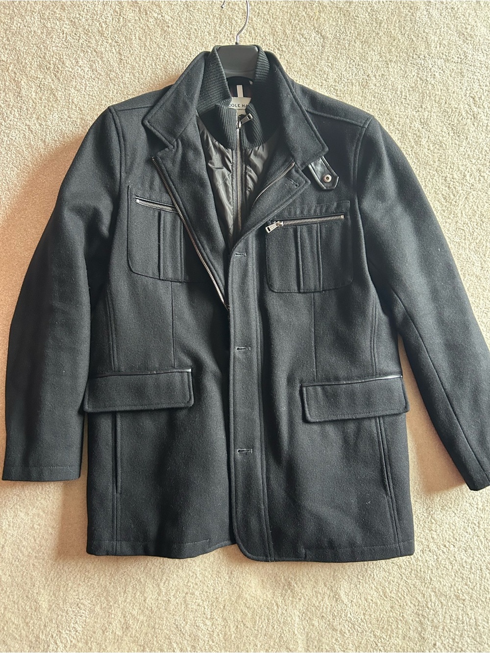 Men’s Cole Haan Wool Blend Black Coat with Quilted Inner Layer - Large